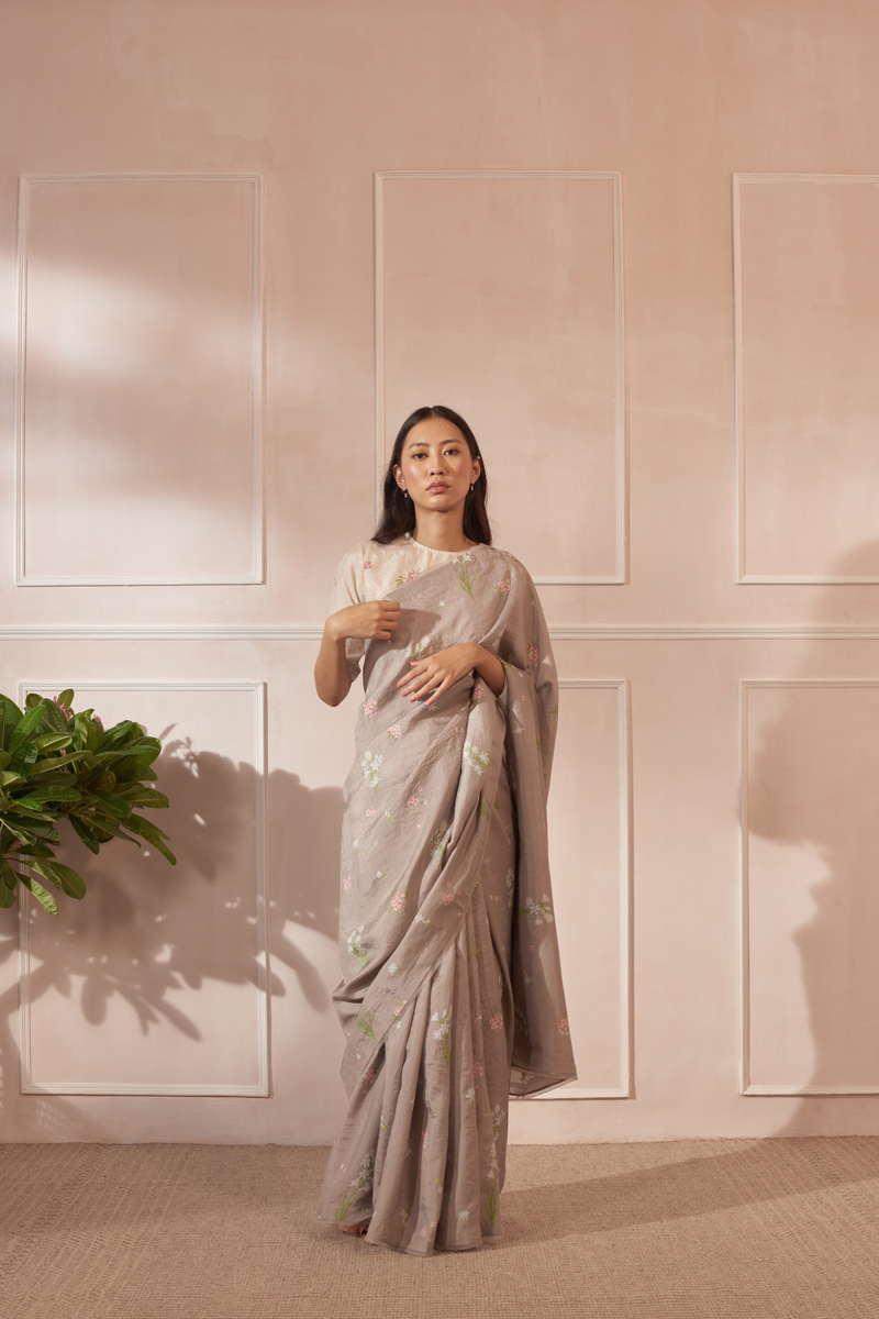 Rajnigandha and Periwinkle Mulberry Silk Sari silk by Nadiya Paar in brown color for women Worldwide
