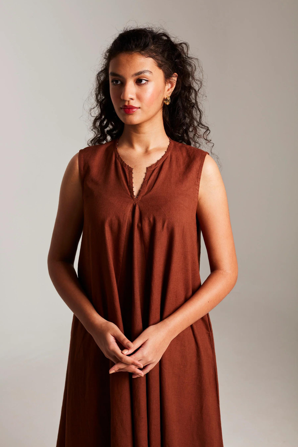 Mocha Co-Linen Sleeveless Flared Kurta