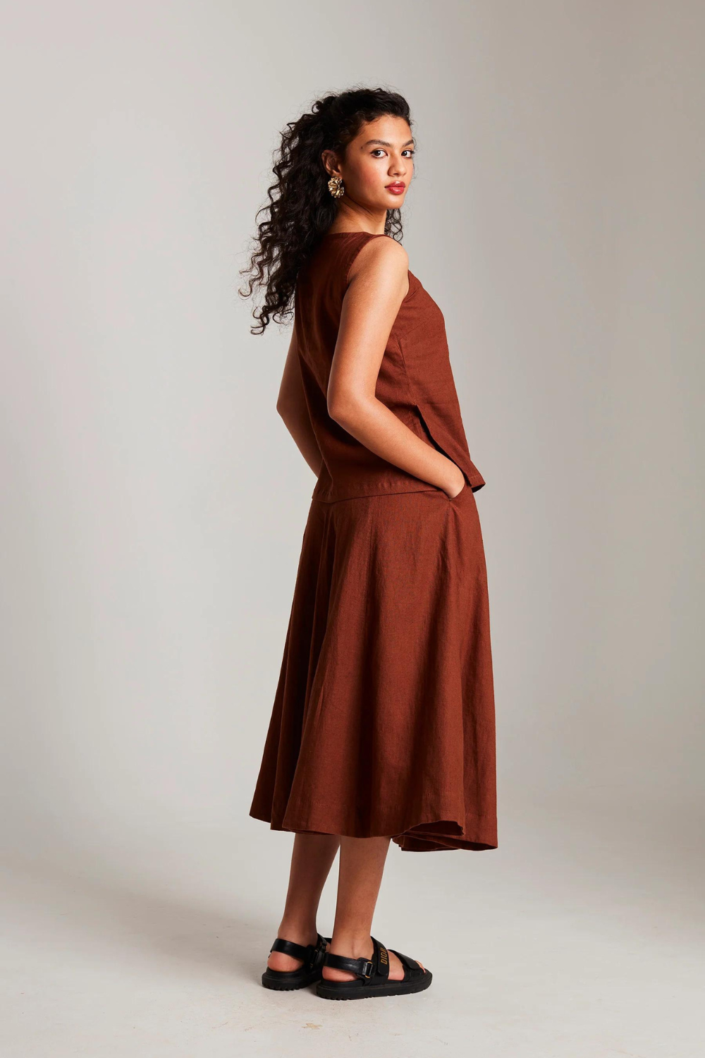 Mocha Co-Linen Side Slit Top & Skirt Set