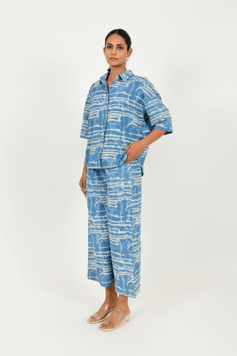 INDIGO SPLASH LINEN PANTS by Rias in blue color for women Worldwide