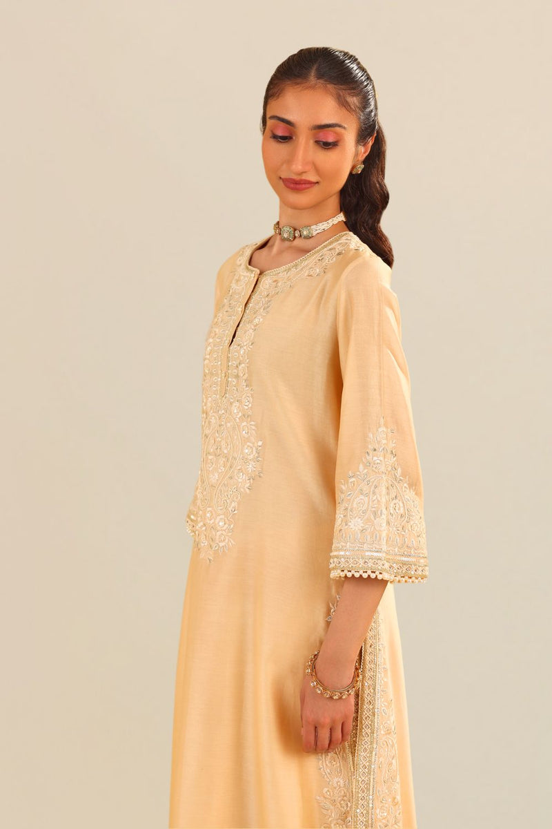 Sereen - A-Line Kurta With Palazzo And Dupatta-Beige silk by SHEETAL BATRA in beige color for women Worldwide