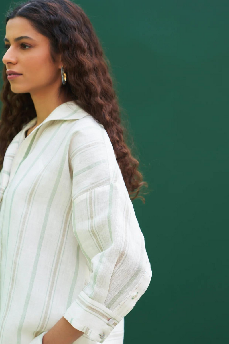 Kiku Striped Linen Shirt
 - Mint linen by Manan in mint color for women Worldwide