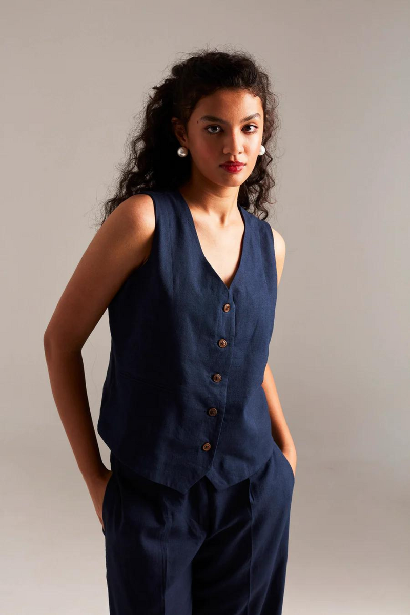 Navy Co-Linen Pleated Trousers cotton by Saphed in navy color for women Worldwide