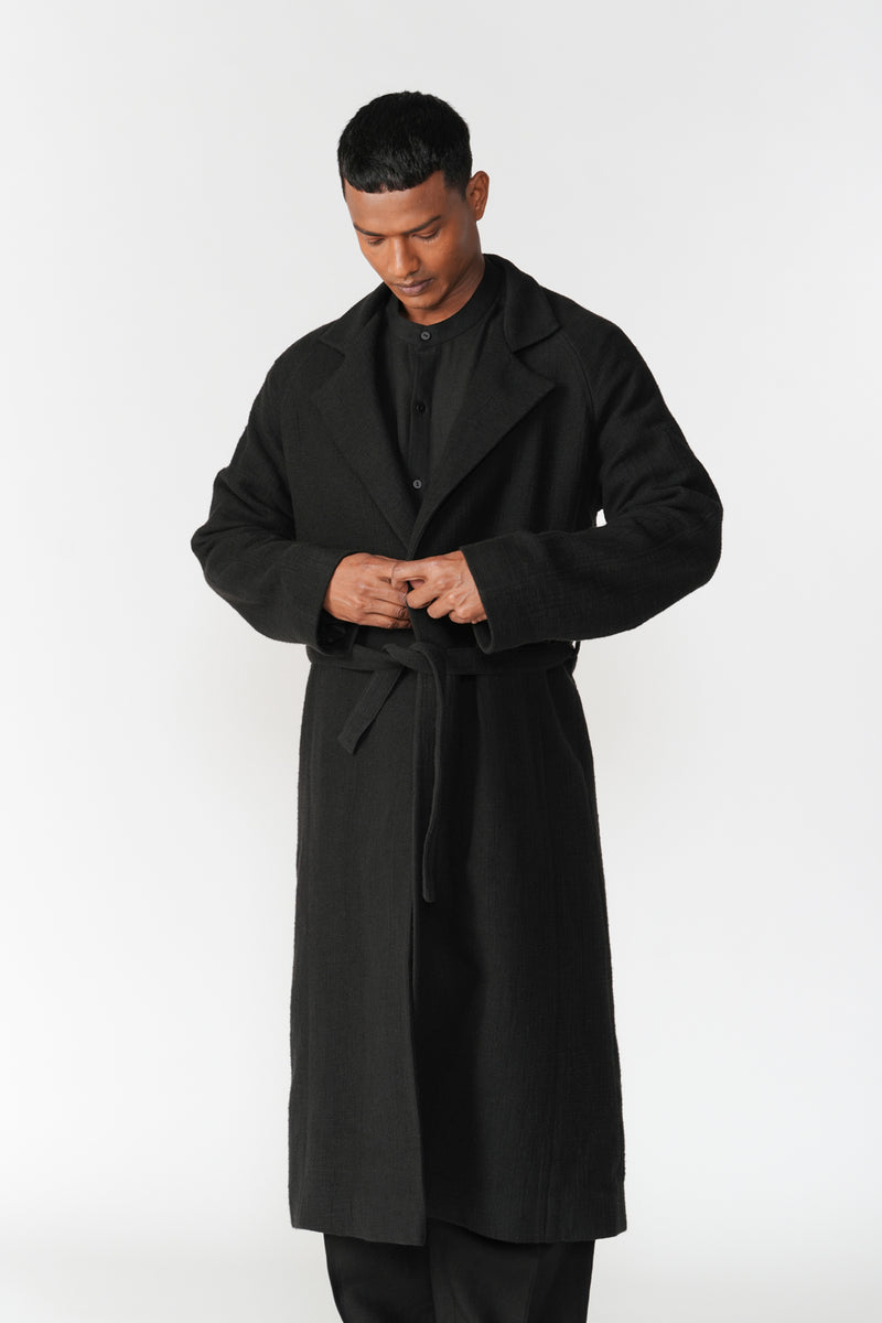Chenille Notch Lapel Long Overcoat jacket/overlay by Turn Black in black for men Worldwide