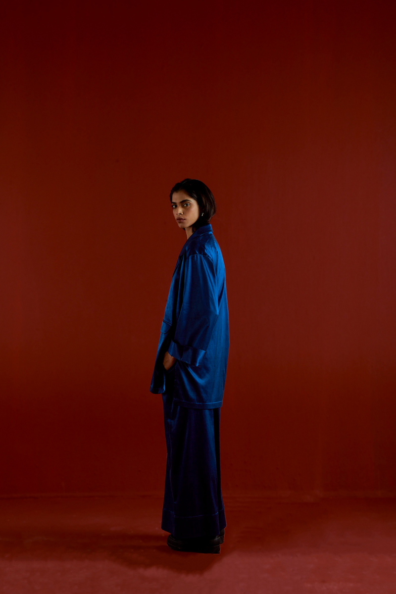 WIDE SLEEVE JACKET CO-ORD-ELECTRIC BLUE satin by THREE in blue color for women Worldwide