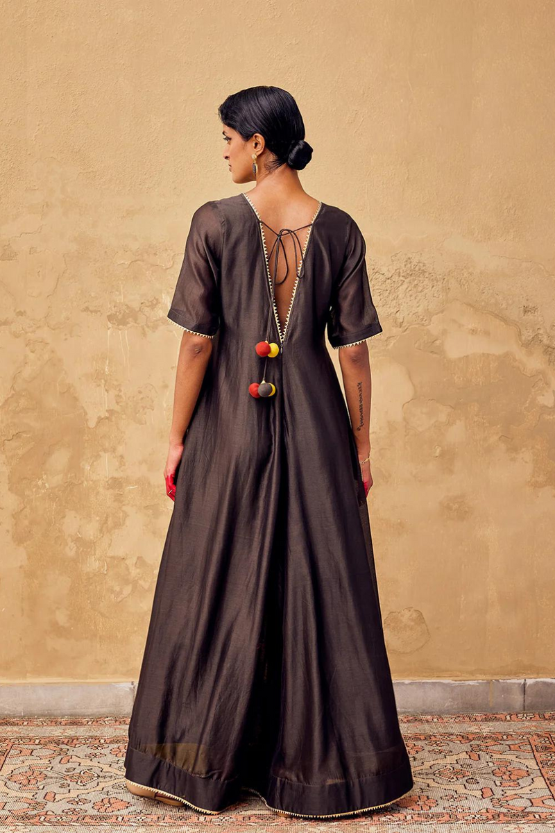 Shaam Jumpsuit chanderi by Khara Kapas in charcoal for women Worldwide
