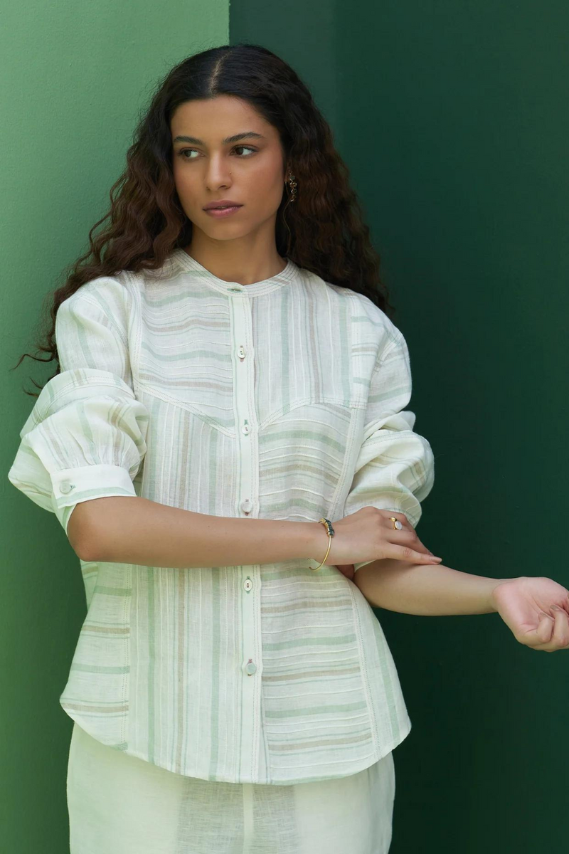 Miyu Pintucked Linen Shirt
 - Mint linen by Manan in mint color for women Worldwide