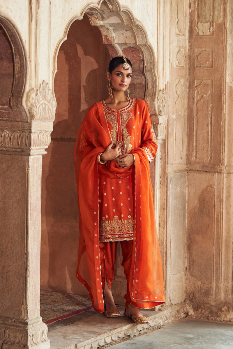 FAHMIDA - BURNT ORANGE SHORT KURTA WITH SALWAR chanderi silk kurta/kurta set by SHEETAL BATRA in orange for women Worldwide
