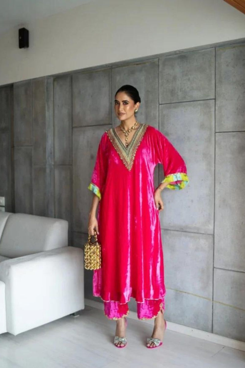 Nadira Hot Pink Velvet Kaftan Kurta Set by Rajiramniq in pink color for women Worldwide