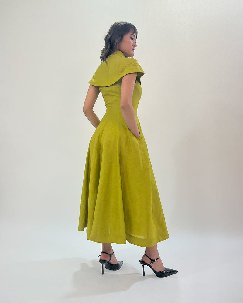 Sophie Cape dress linen by Leh Studios in green color for women Worldwide