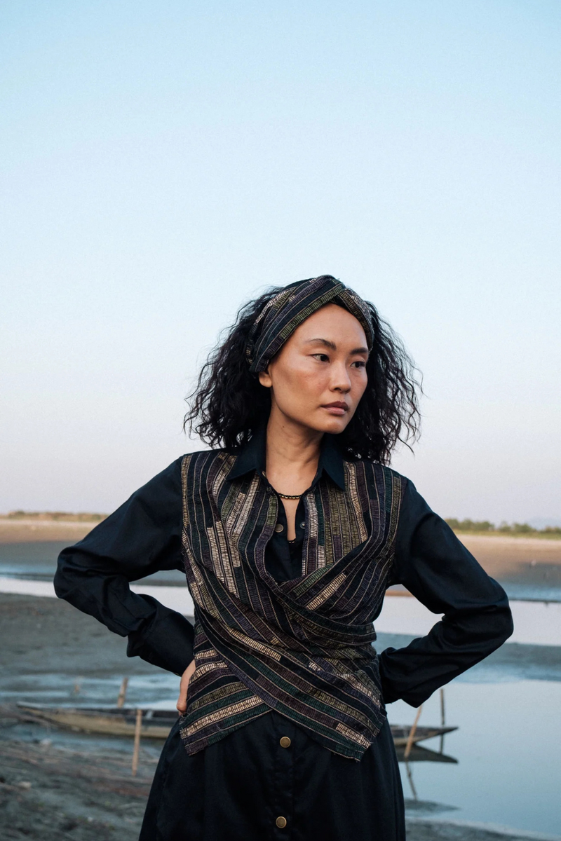 Upcycled Handwoven Seattle Wrap Calf Dress - Black Green cotton by The Terra Tribe in green color for women Worldwide