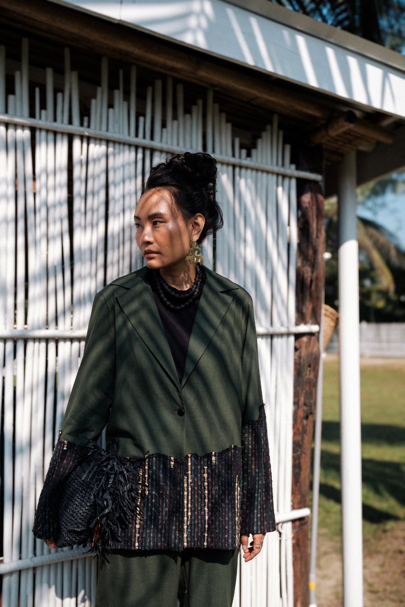 Upcycled Handwoven Ying Yang Blazer - Green cotton by The Terra Tribe in green color for women Worldwide