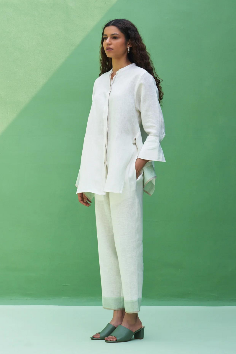 Inawi Border Linen Pant
 - Ivory linen by Manan in ivory color for women Worldwide
