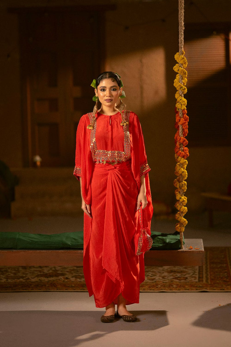 Ramani Nexa Red Hi Low Top & Wrap Skirt Set- Red silk by PRAHNAAYA in red color for women Worldwide