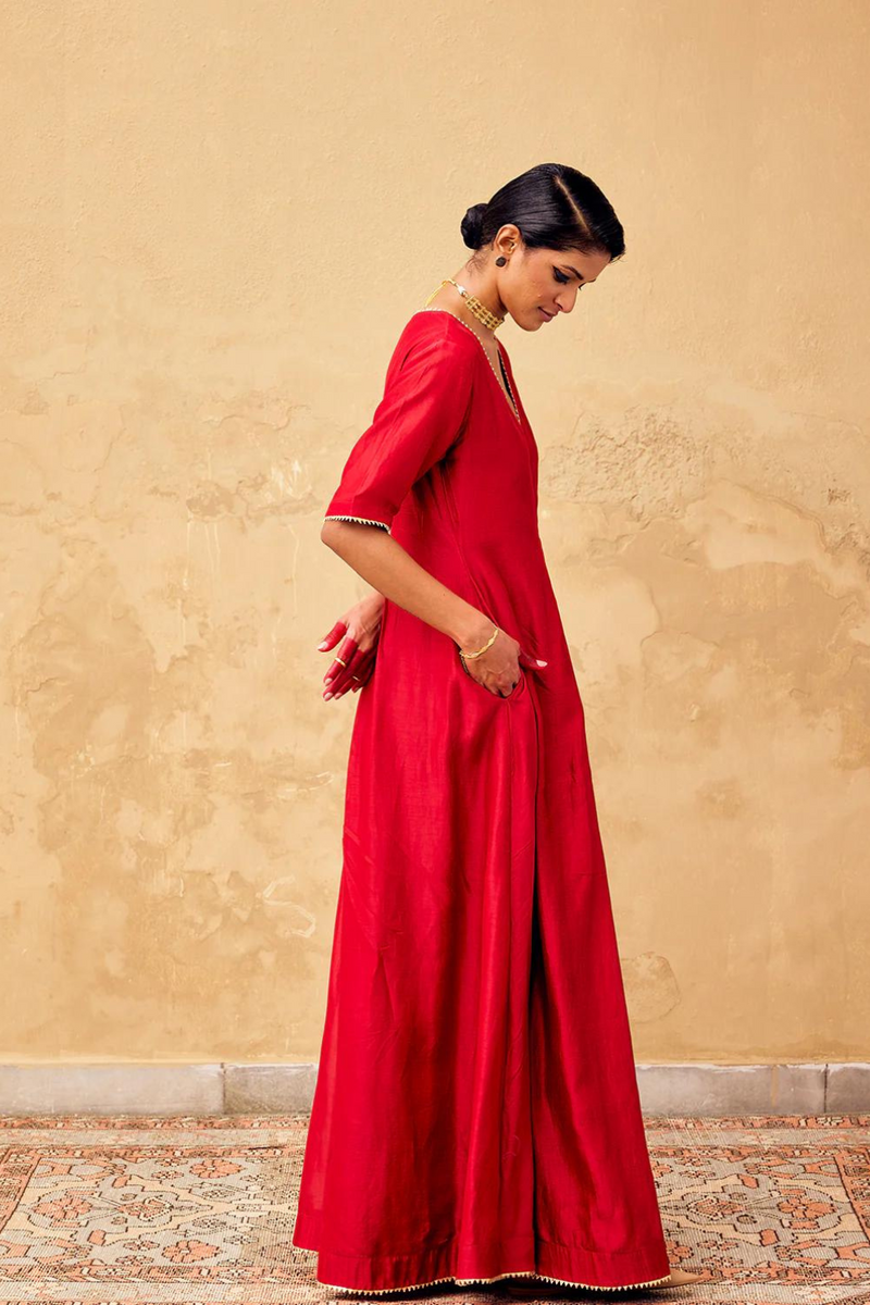 Jashn Jumpsuit chanderi by Khara Kapas in red for women Worldwide