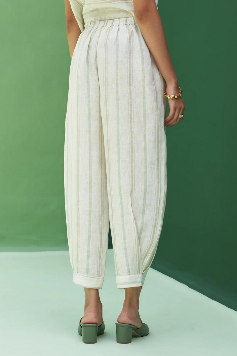Iona Striped Linen Pant
 - Mint linen by Manan in mint color for women Worldwide