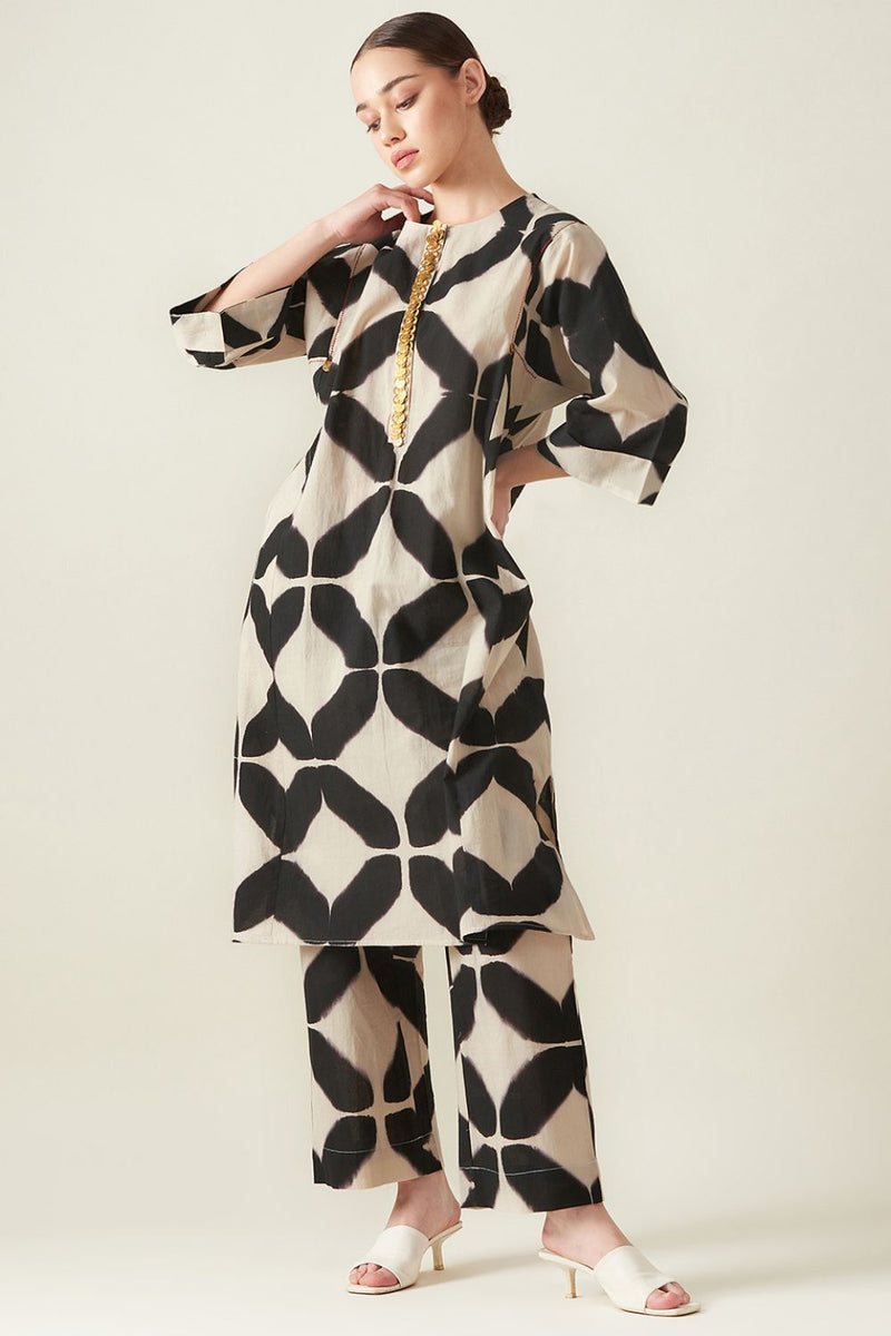 Black Clamp Dye Embroidered Co ord set cotton Artisan made - Block Printed by Aavidi for women Worldwide