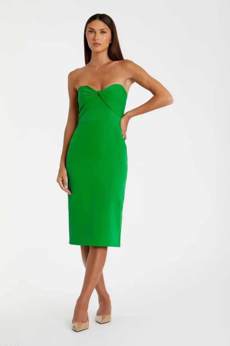 Green Crepe Strapless Twist Top Fitted Midi Dress by Mac Duggal in green color for women Worldwide