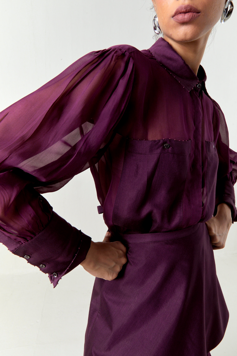 BEADED COLLAR SHEER SHIRT CO-ORD-WINE organza by THREE for women Worldwide
