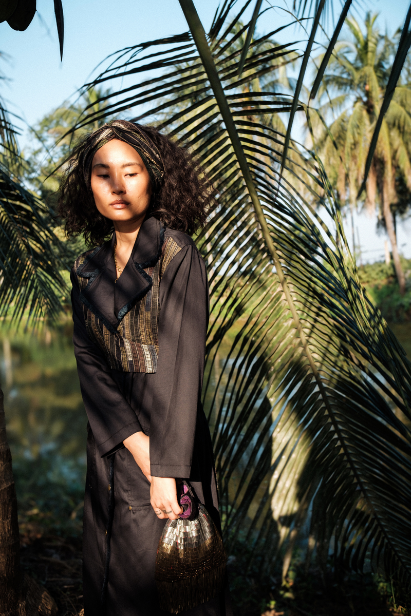 Upcycled Copenhagen Trench - Black Green cotton by The Terra Tribe in green color for women Worldwide