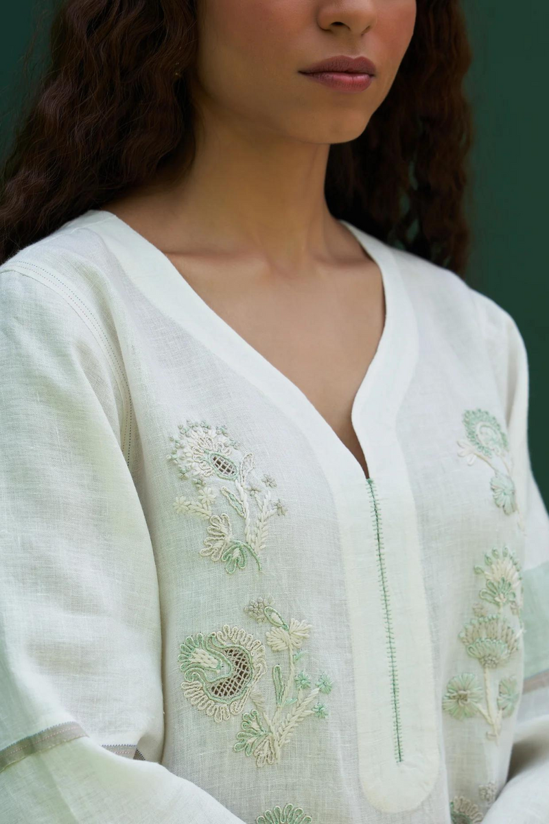 Insha Hand-Embroidered Kurta
 - Ivory linen by Manan in ivory color for women Worldwide