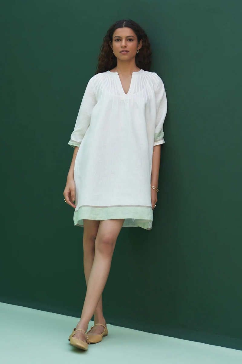 Yima Border Linen Dress
 - Ivory linen by Manan in ivory color for women Worldwide