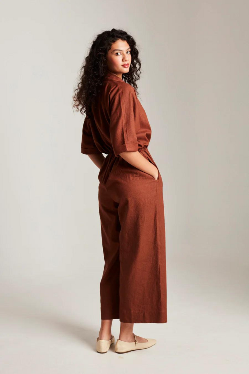 Mocha Co-Linen Boilersuit cotton by Saphed in brown color for women Worldwide