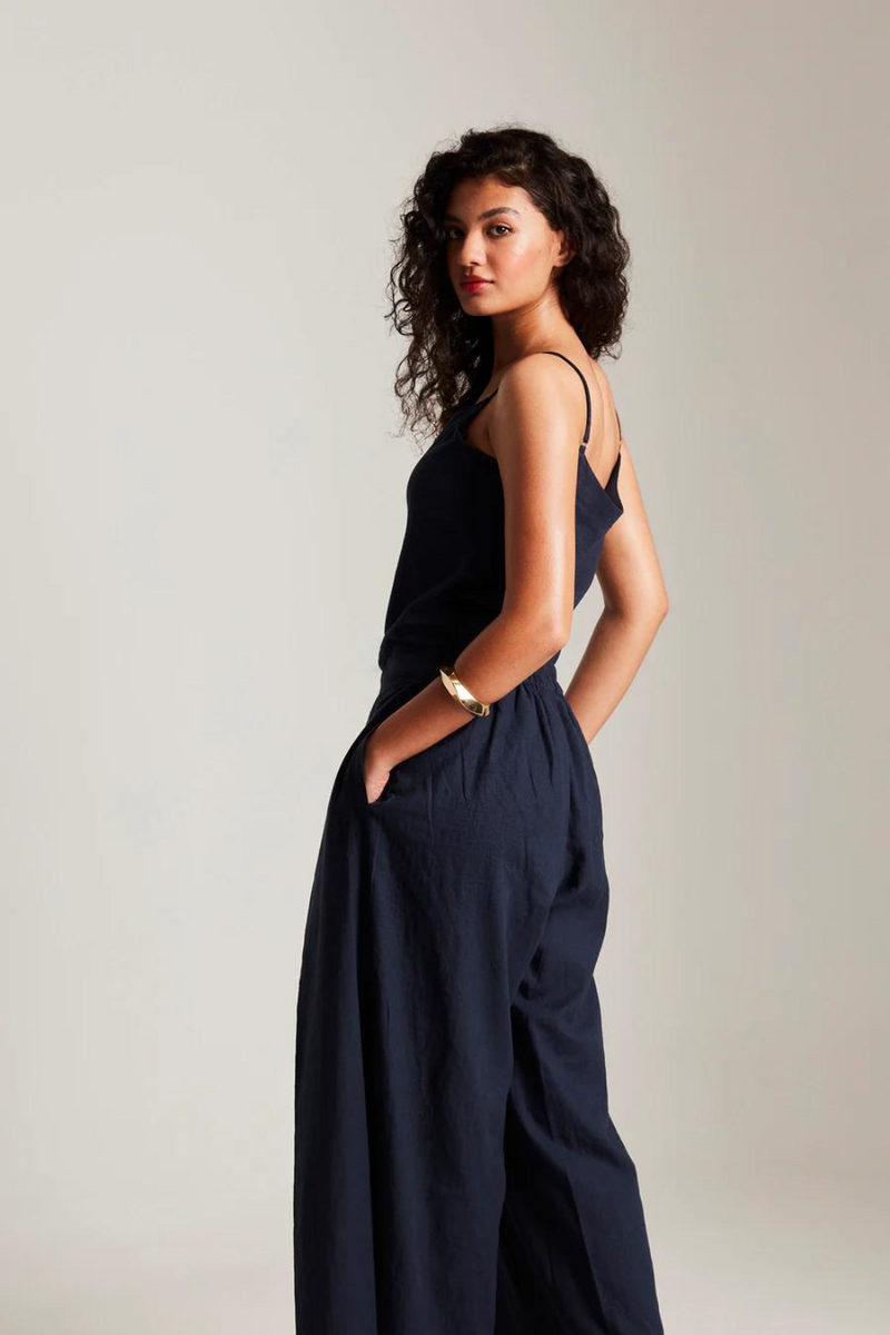 Navy Co-Linen Camisole Top & Wrap Pants cotton by Saphed in navy color for women Worldwide