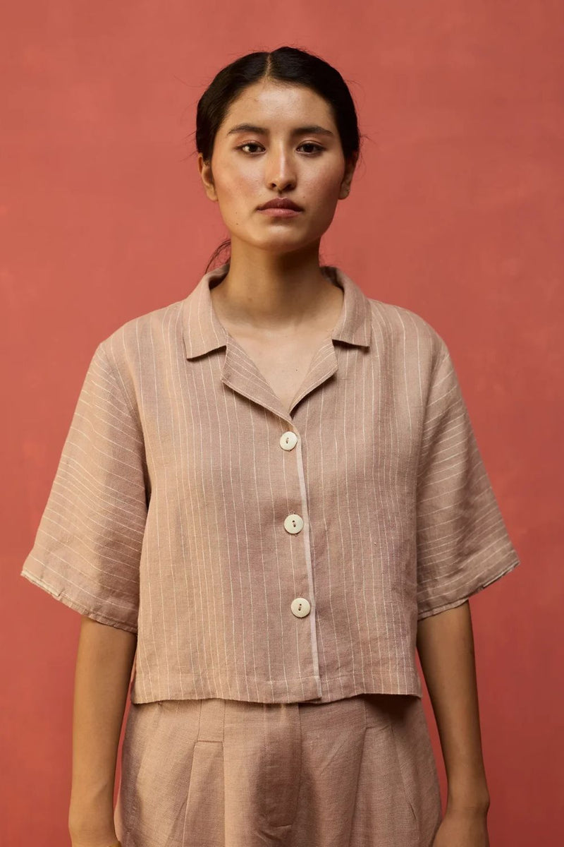 Kiera Cuban Collar Stripe Linen Shirt - Dusty Rose