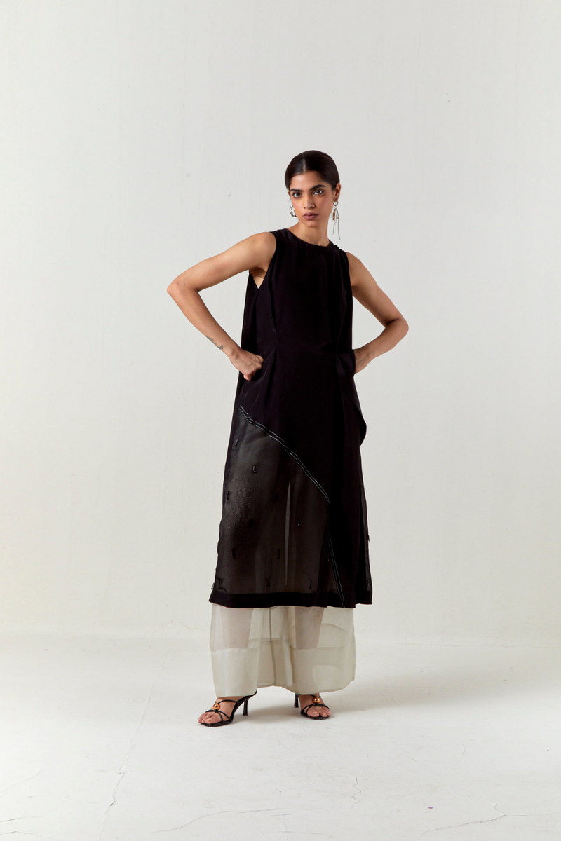 ASYMMETRIC TUNIC CO-ORD-BLACK organza by THREE in black color for women Worldwide