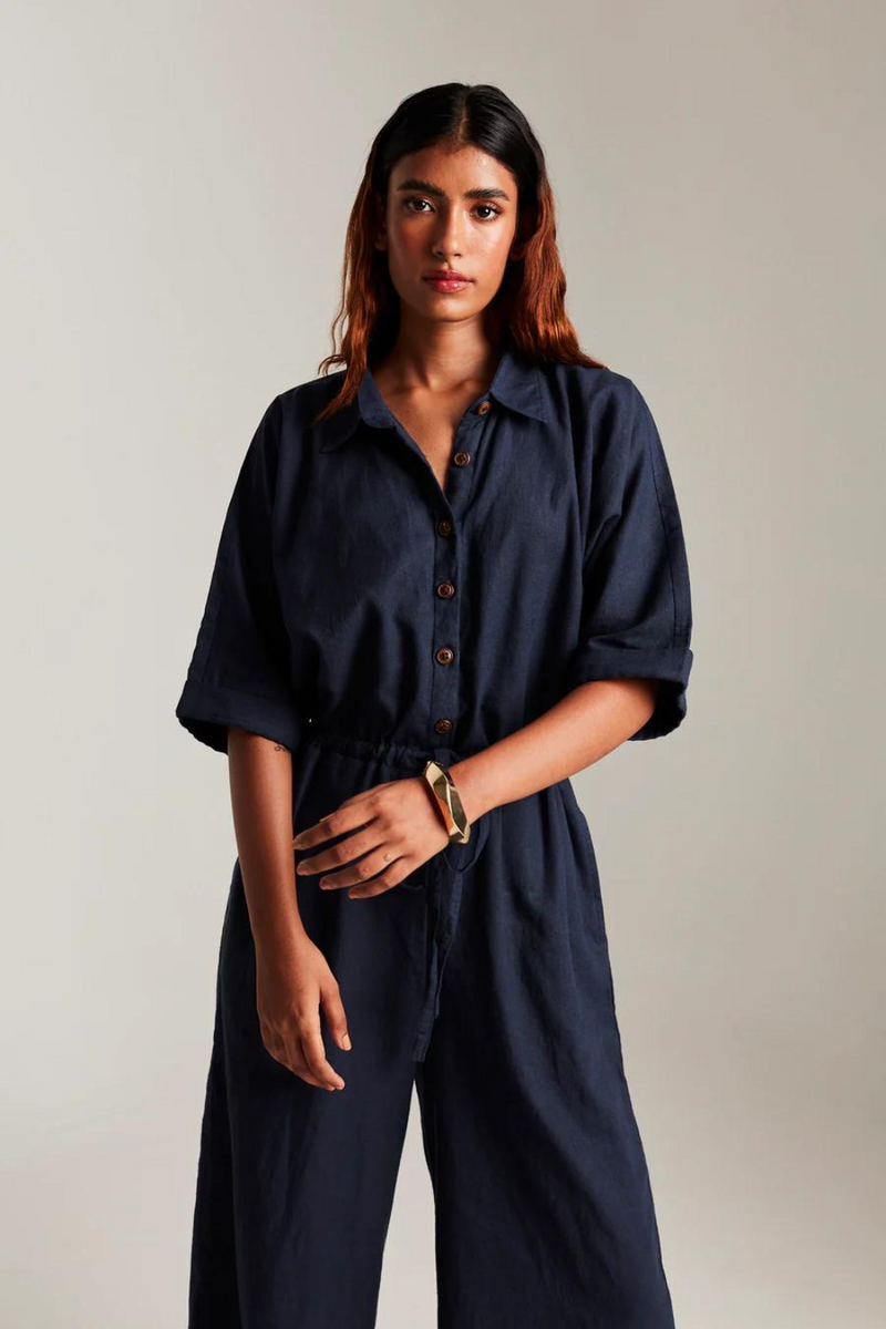 Navy Co-Linen Boilersuit cotton by Saphed in navy color for women Worldwide