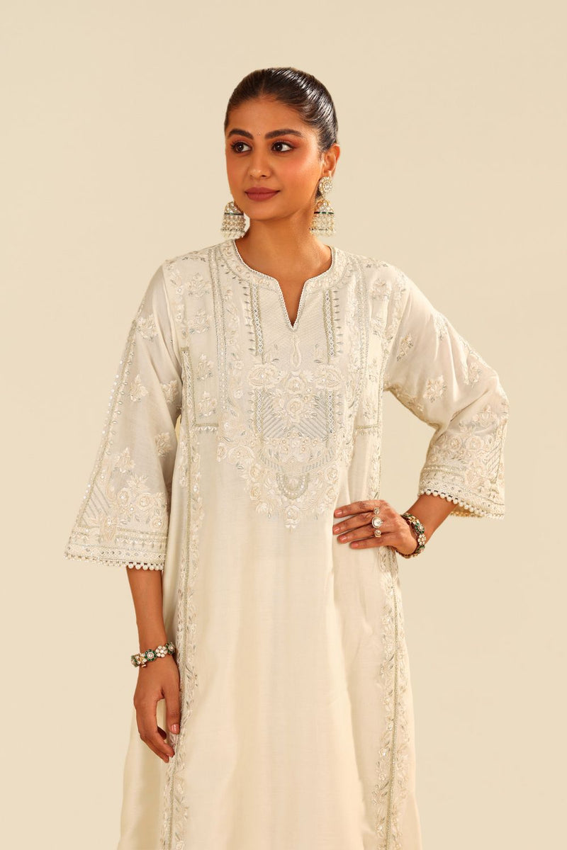 Maziya - Long Chauga With Salwar And Dupatta-Daisy Ivory silk by SHEETAL BATRA in ivory color for women Worldwide