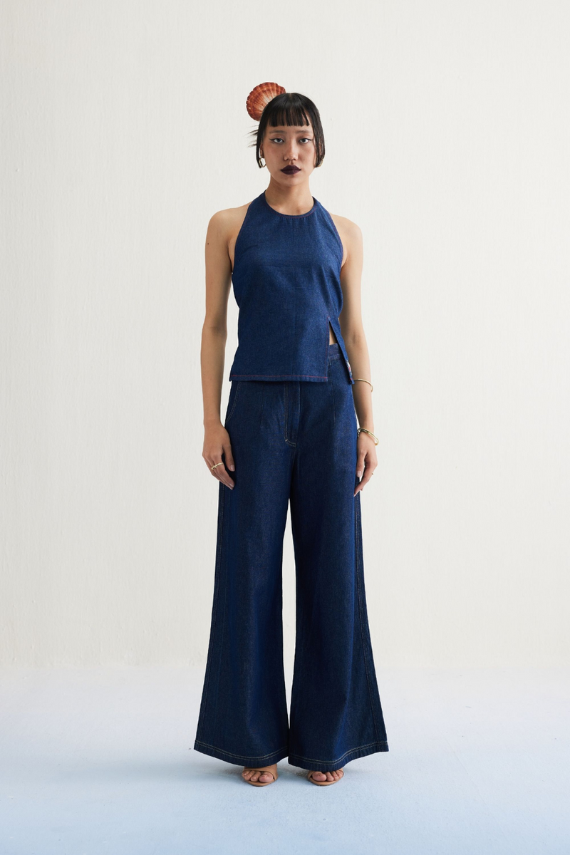 Deepwater Denim Halter Top cotton by SUI in blue color for women Worldwide