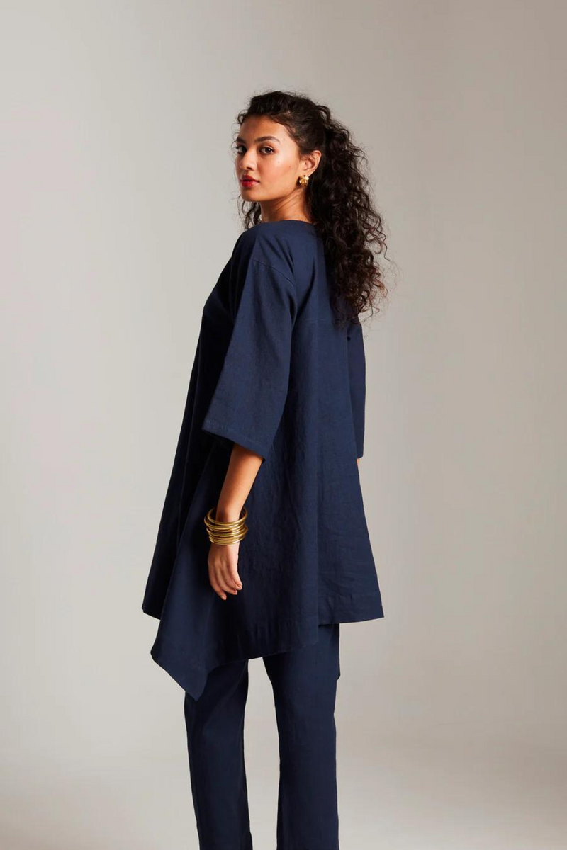 Navy Co-Linen High Low Kurta cotton by Saphed in navy color for women Worldwide