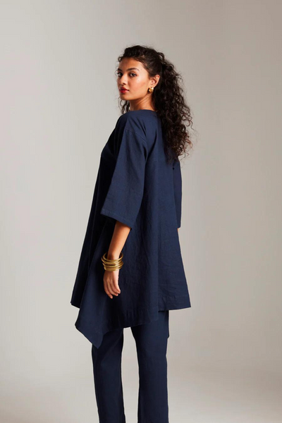 Navy Co-Linen High Low Kurta