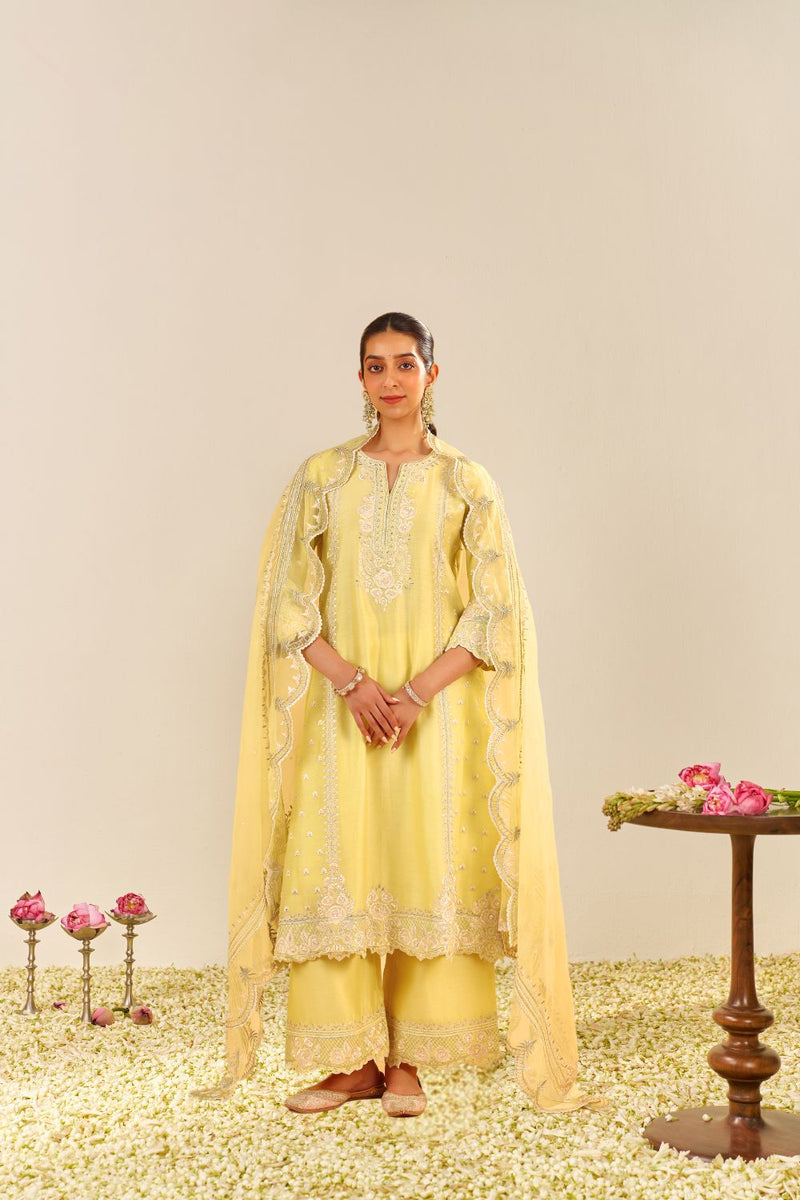 Sumaiya - A-Line Kurta With Palazzo And Dupatta-Lemon Yellow silk by SHEETAL BATRA in yellow color for women Worldwide
