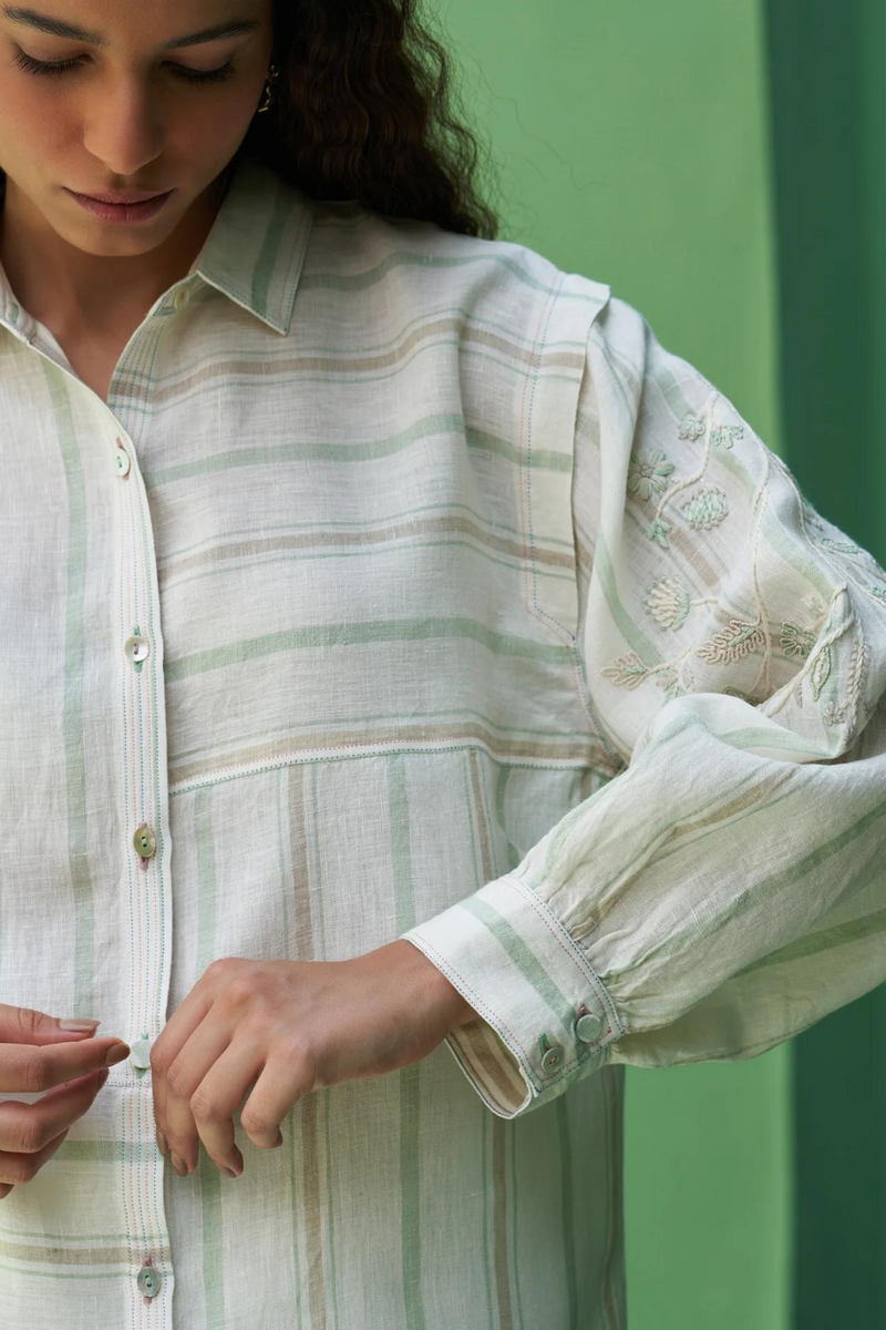Akra Striped Linen Shirt
 - Mint linen by Manan in mint color for women Worldwide