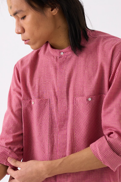 BAND COLLAR SHIRT - PINK CHECK