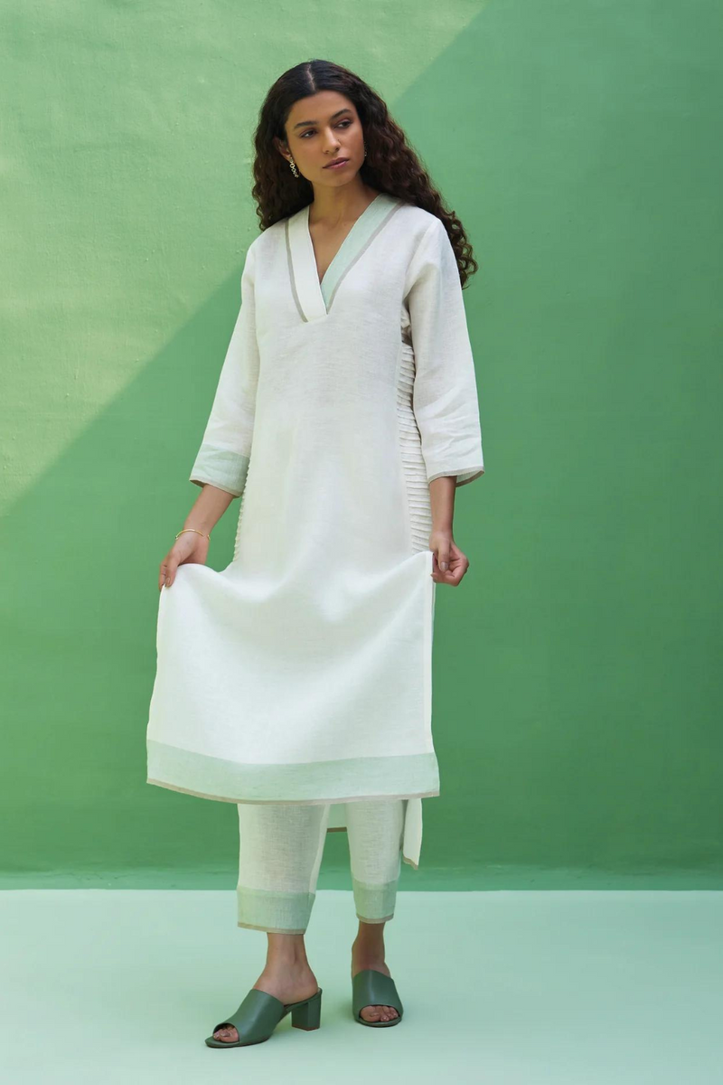 June Border Linen Pleated Kurta
 - Ivory linen by Manan in ivory color for women Worldwide