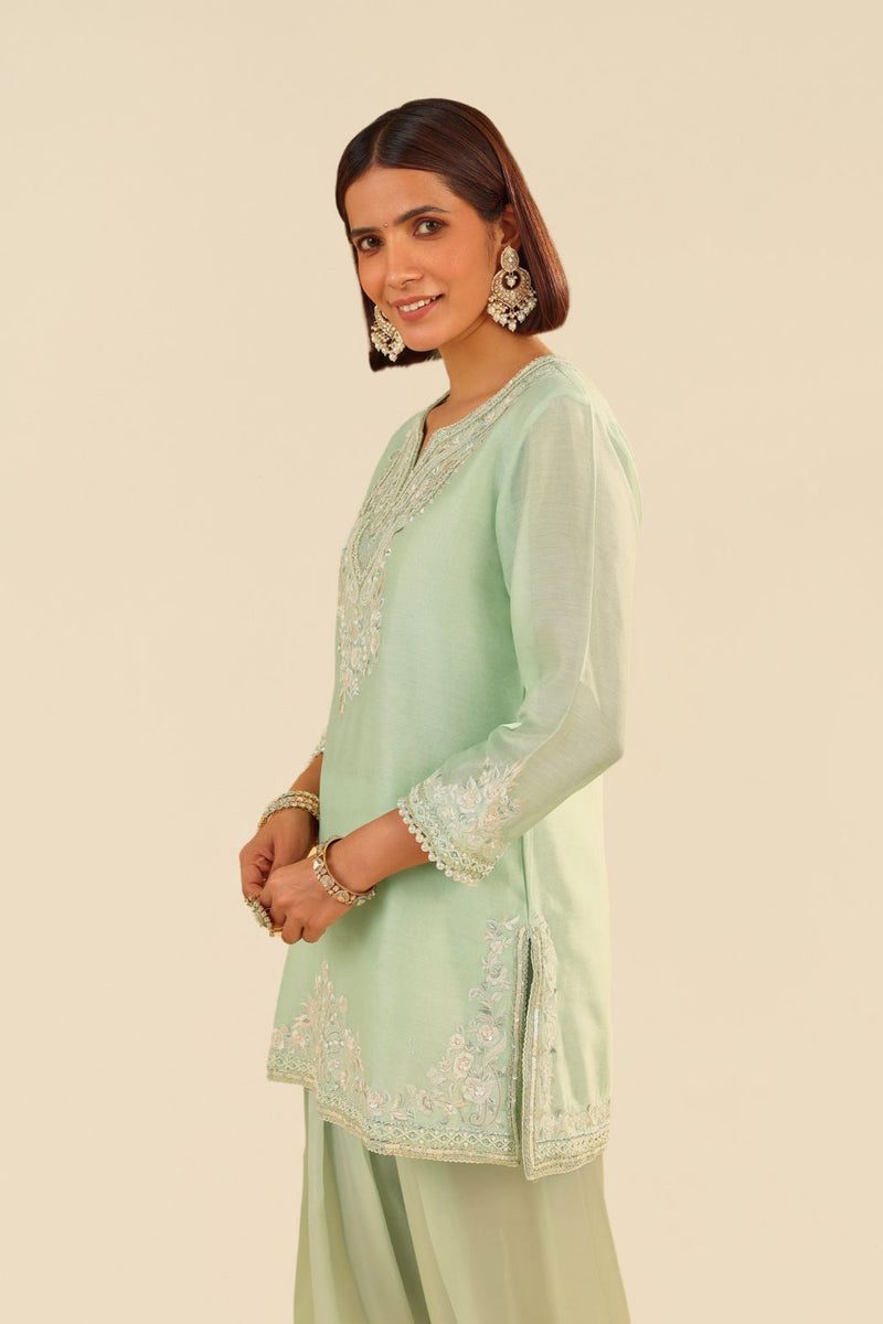 Haniya - Short Kurta With Salwar And Dupatta-Mint Green silk by SHEETAL BATRA in mint color for women Worldwide