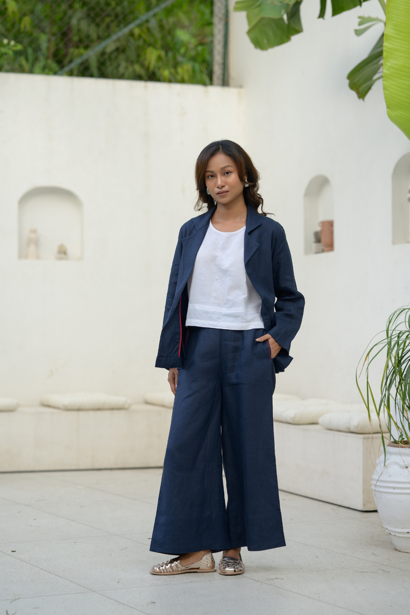 Midnight Line Suit linen co-ord set by Zanzibar Living in midnight blue for women Worldwide