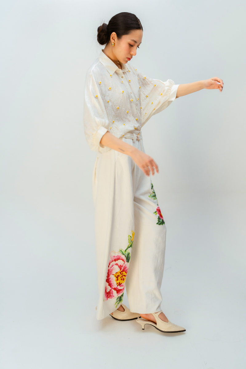 PETAL VALLEY TROUSER handwoven denim pant/trouser by Ode to Odd in off white for women Worldwide