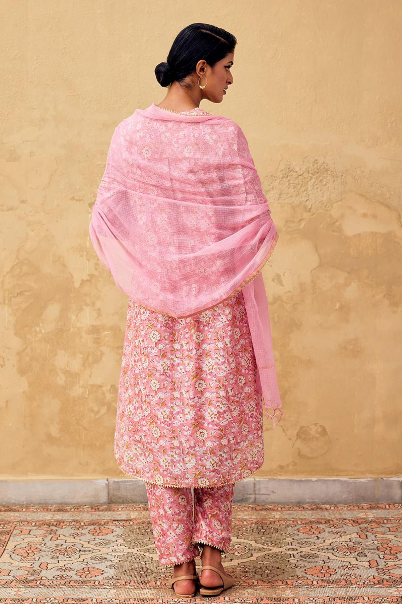 Komal Kurta Set with Dupatta chanderi by Khara Kapas in pink for women Worldwide