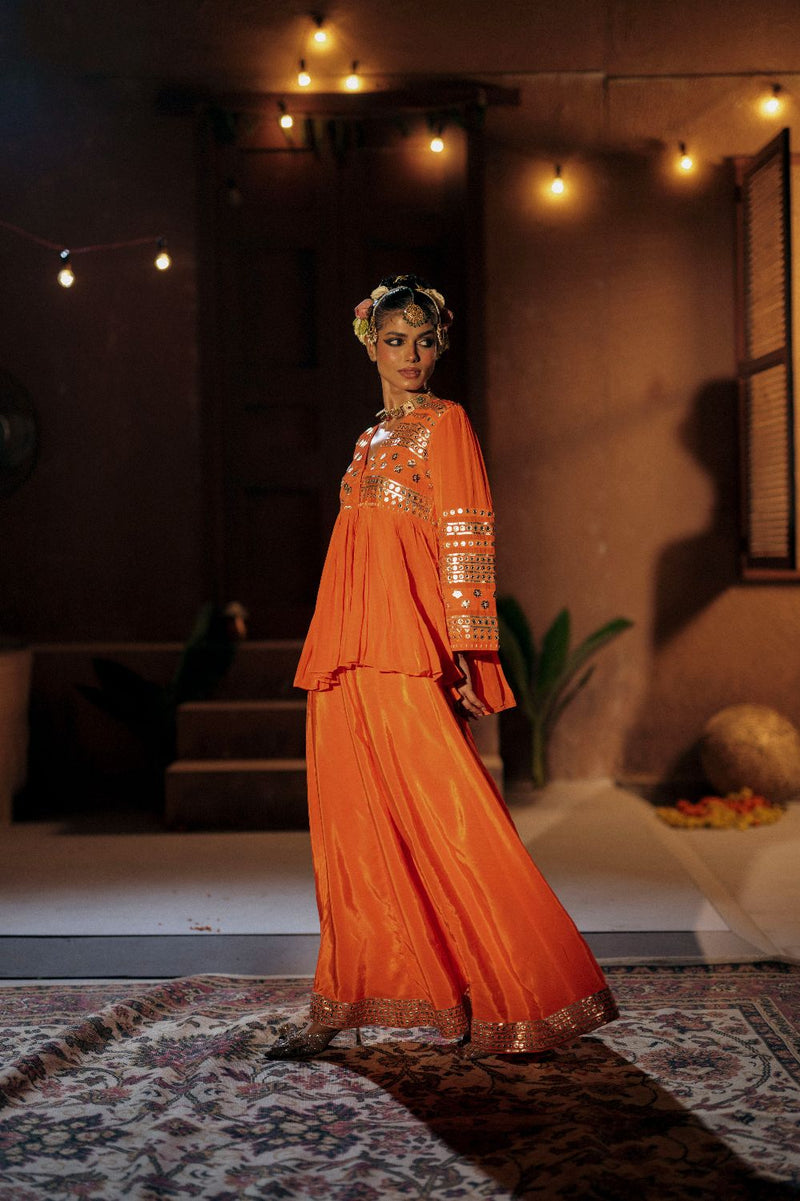 Mangala Peplum Co-ord Set- Orange silk by PRAHNAAYA in orange color for women Worldwide