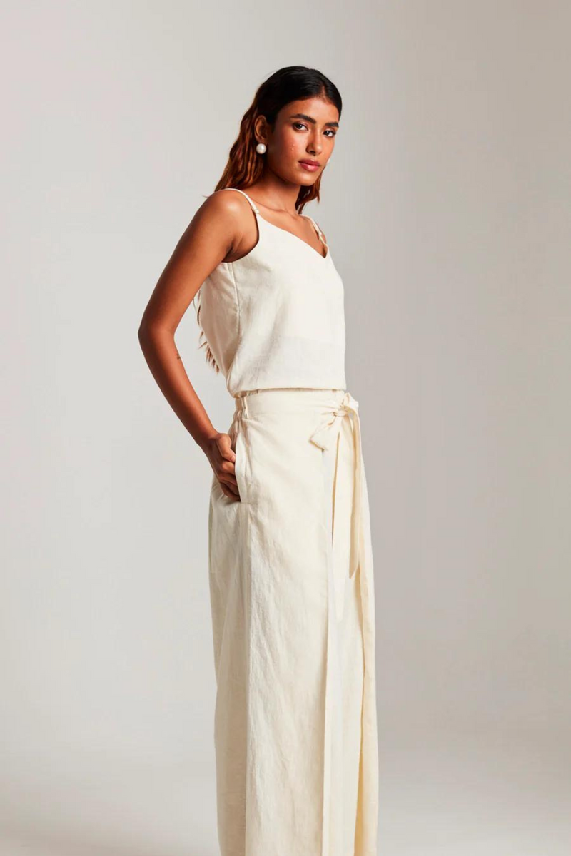 Vanilla Co-Linen Wrap Pants cotton by Saphed in white color for women Worldwide