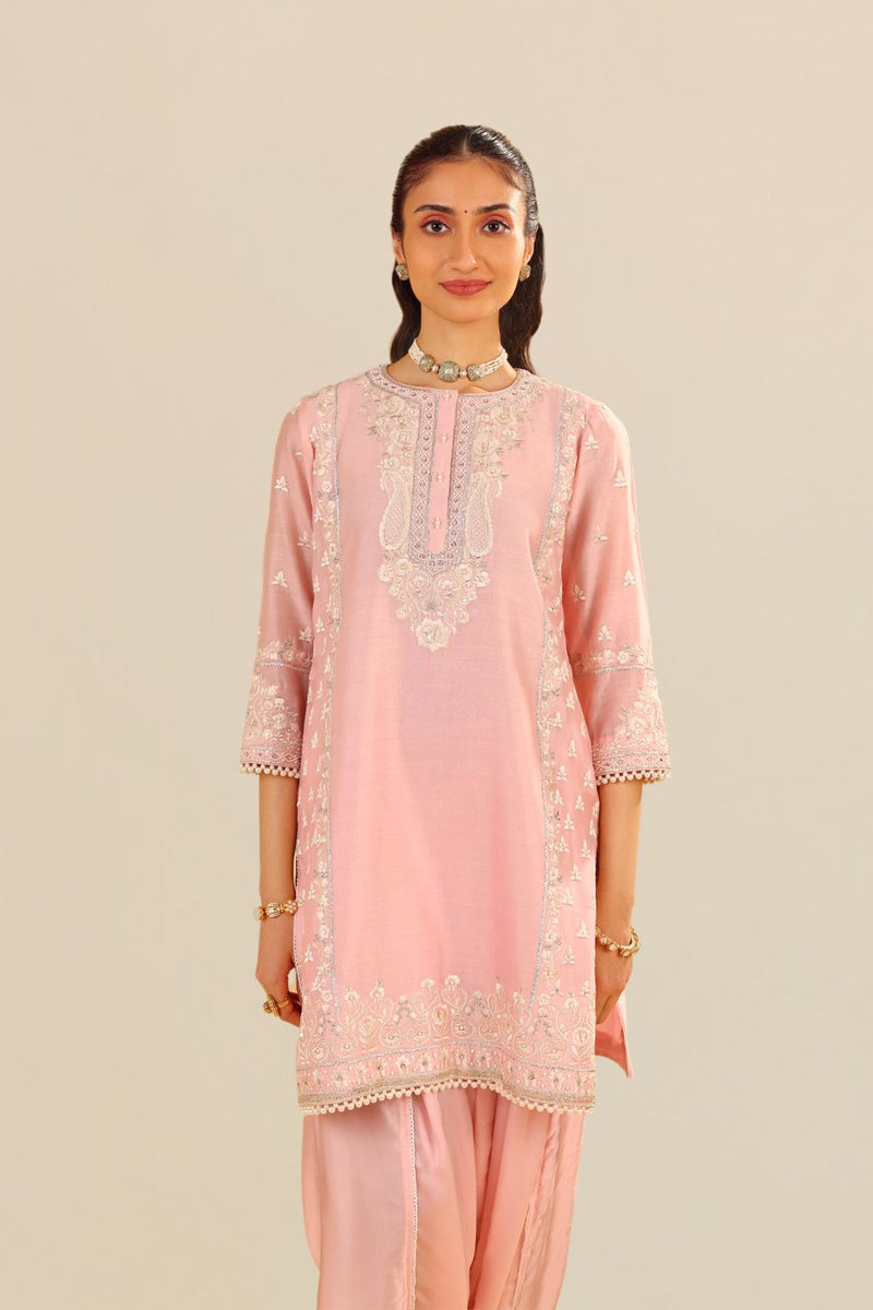 Zaisha - Short Kurta With Dhoti-Blush Pink silk by SHEETAL BATRA in blush color for women Worldwide