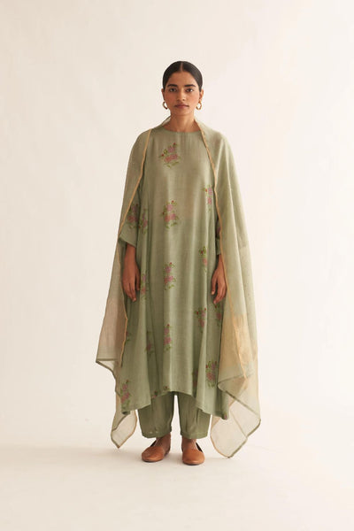 EVANI SAGE GREEN SILK FLORAL PRINT KURTA SET