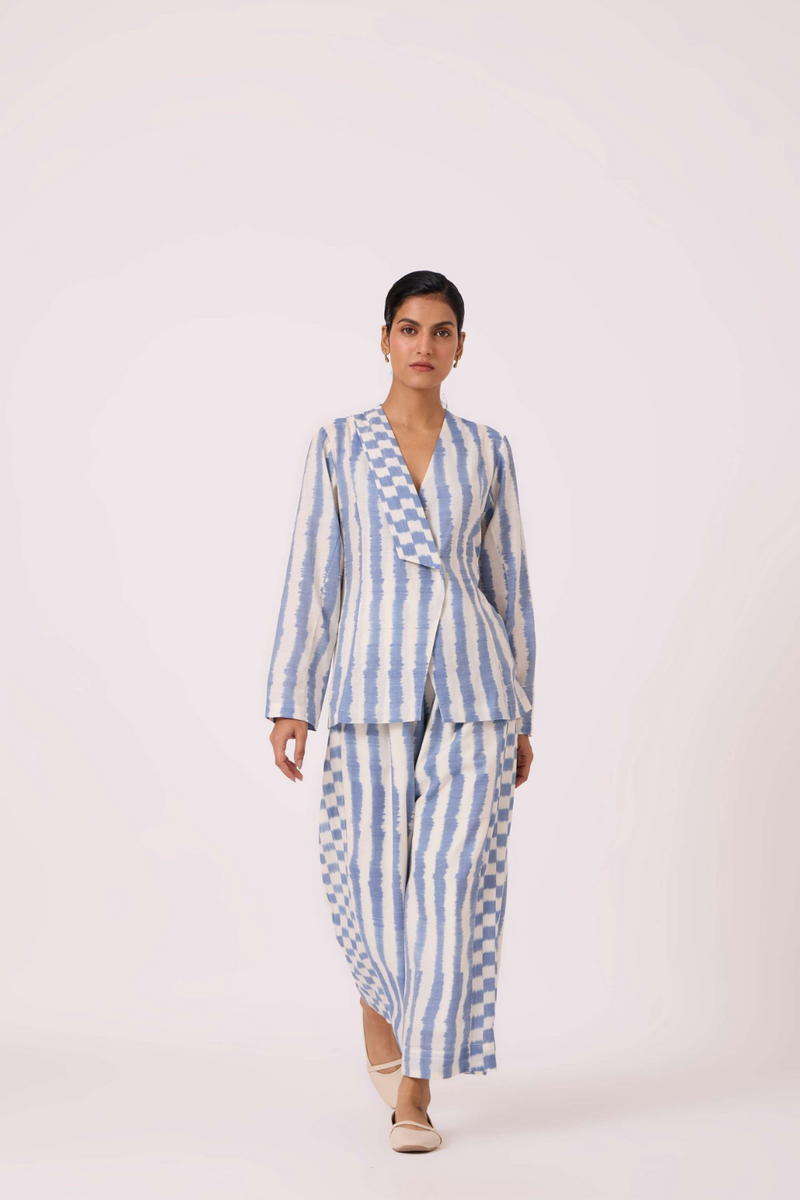 Dimtri Blue Striped Ikat Jacket cotton by The Summer House in blue color for women Worldwide
