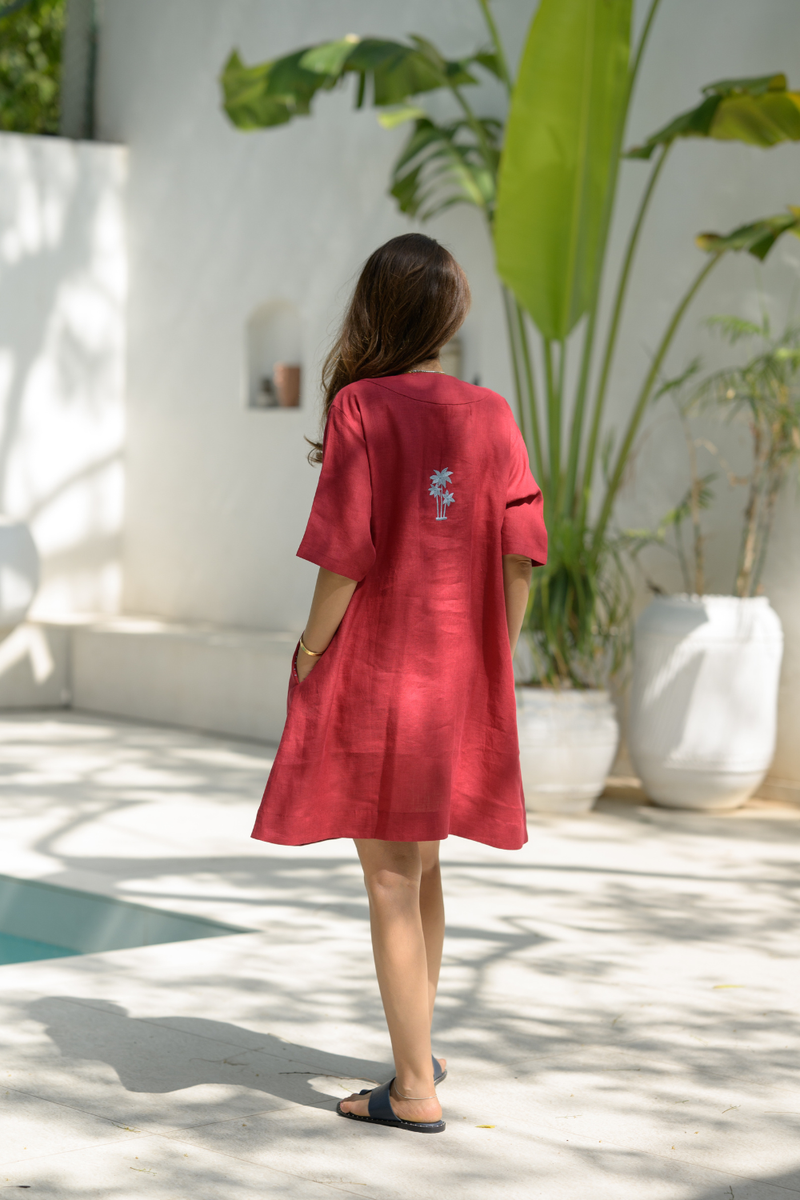 Sundown Palm Dress linen dress by Zanzibar Living in crimson red for women Worldwide