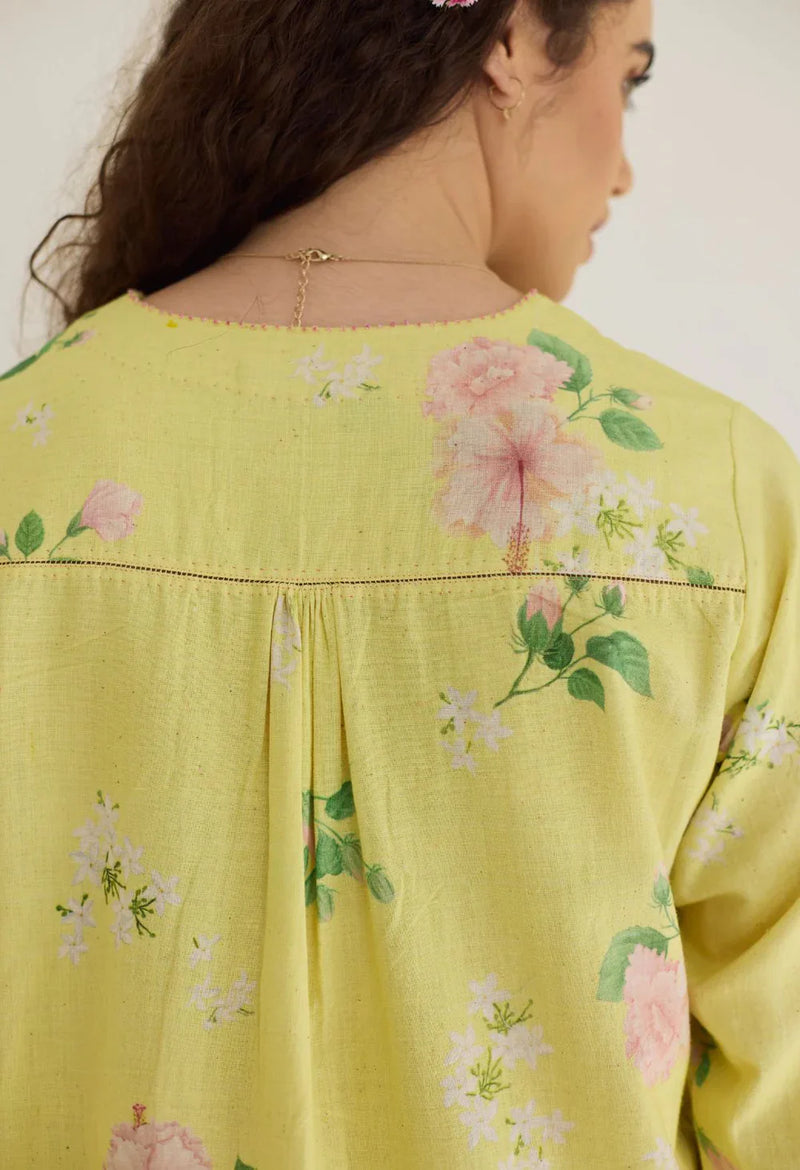 Yellow Hibiscus Short Kurta Set cotton by Nadiya Paar in yellow color for women Worldwide